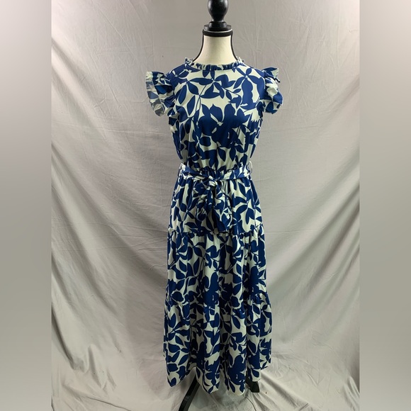 Blue Leaf Print Ruffle Trim Belted Dress - Picture 7 of 7